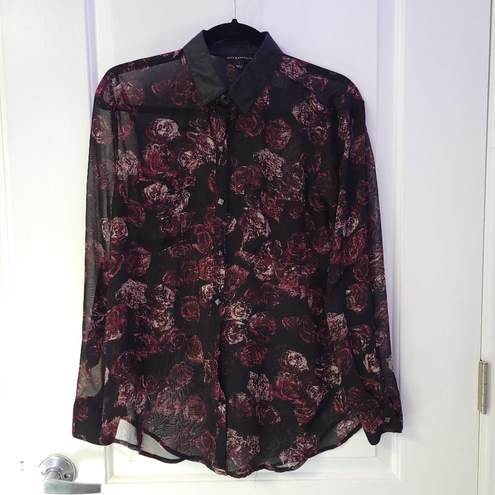 Rock & Republic sheer black rose blouse (small)